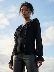 Roman Black Lace Ruffle Front Top - Image 1 of 4