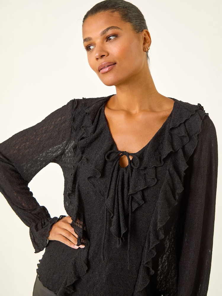 Roman Black Lace Ruffle Front Top - Image 2 of 4 Roman Black Lace Ruffle Front Top - Image 2 of 4