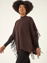 Roman Brown Fringe Hem Knit Poncho - Image 1 of 4