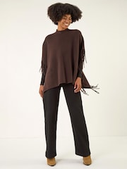 Roman Brown Fringe Hem Knit Poncho - Image 2 of 4