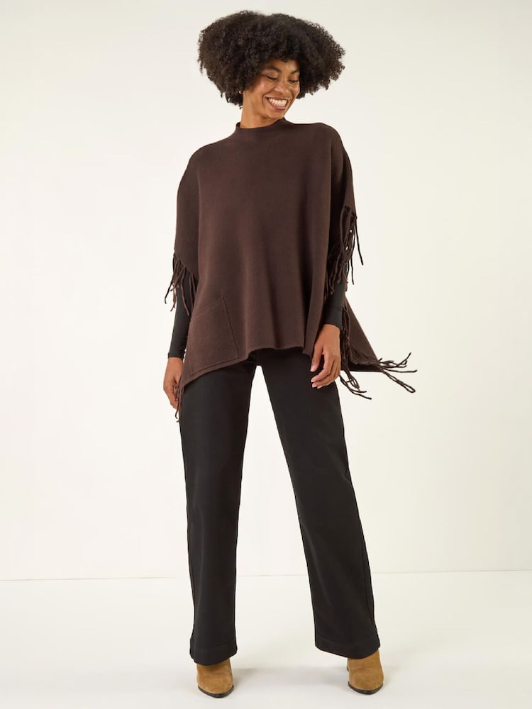 Roman Brown Fringe Hem Knit Poncho - Image 2 of 4 Roman Brown Fringe Hem Knit Poncho - Image 2 of 4