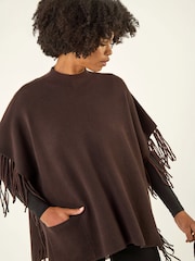 Roman Brown Fringe Hem Knit Poncho - Image 4 of 4