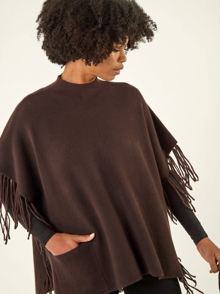 Roman Brown Fringe Hem Knit Poncho - Image 4 of 4 Roman Brown Fringe Hem Knit Poncho - Image 4 of 4