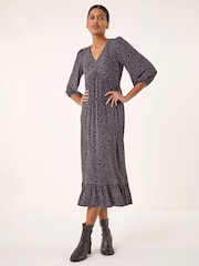 Roman Grey Animal Print Lace Trim Stretch Dress - Image 2 of 4
