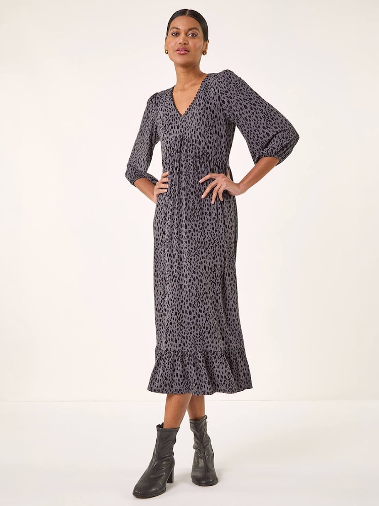 Roman Grey Animal Print Lace Trim Stretch Dress - Image 2 of 4 Roman Grey Animal Print Lace Trim Stretch Dress - Image 2 of 4