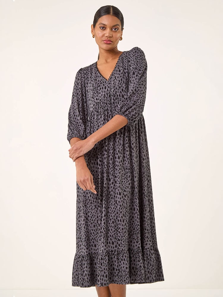 Roman Grey Animal Print Lace Trim Stretch Dress - Image 4 of 4 Roman Grey Animal Print Lace Trim Stretch Dress - Image 4 of 4