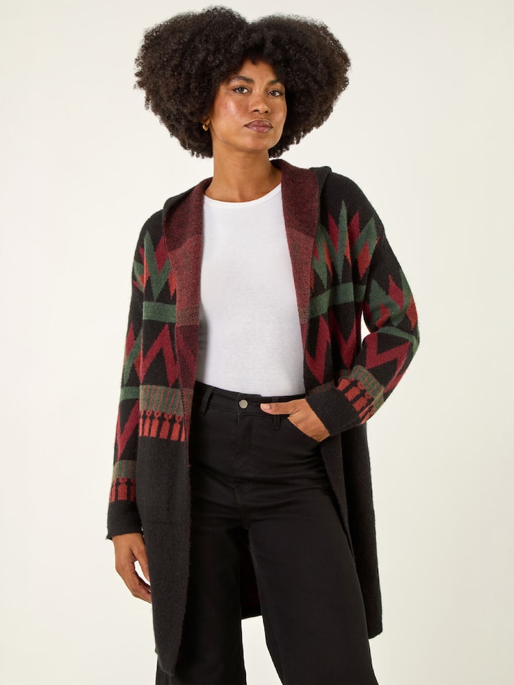 Roman Black Nordic Pattern Hooded Knit Cardigan - Image 4 of 4 Roman Black Nordic Pattern Hooded Knit Cardigan - Image 4 of 4