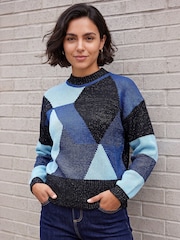 Roman Blue Metallic Colour Block Knit Jumper - Image 1 of 4