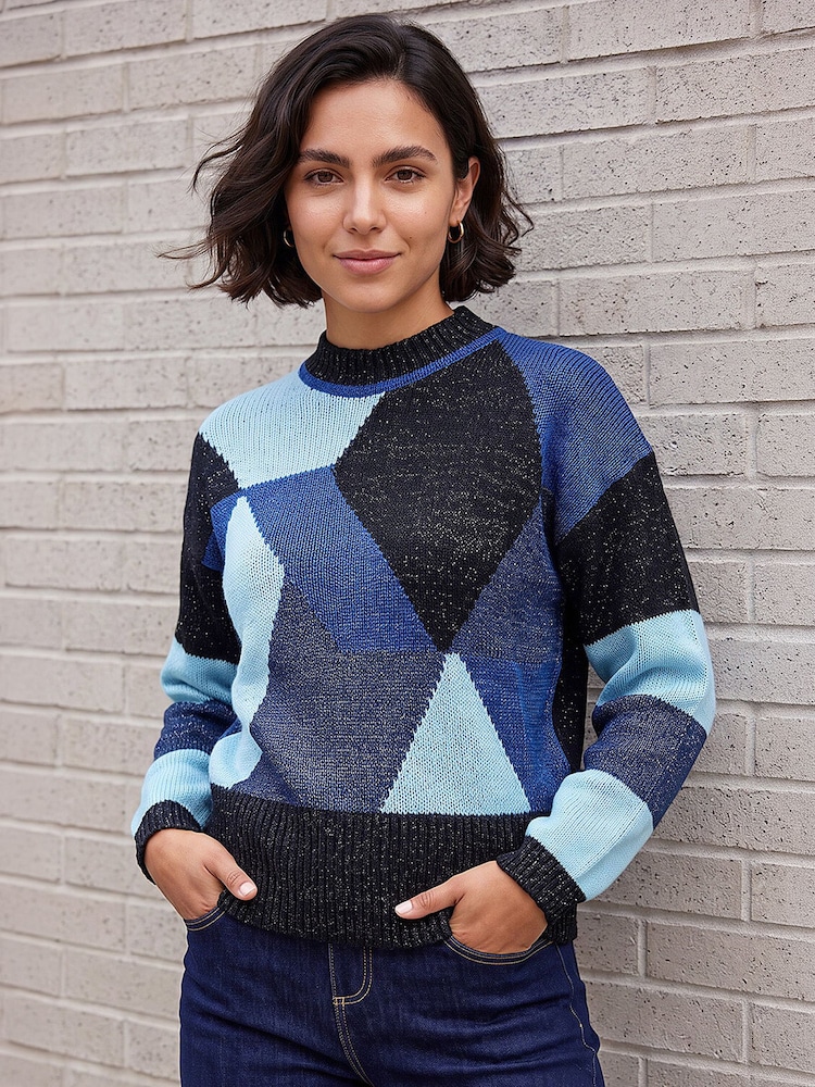 Roman Blue Metallic Colour Block Knit Jumper - Image 1 of 4 Roman Blue Metallic Colour Block Knit Jumper - Image 1 of 4
