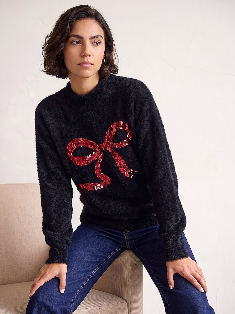 Roman Black Festive Sequin Bow Knit Jumper - Image 1 of 4