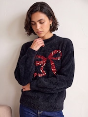 Roman Black Festive Sequin Bow Knit Jumper - Image 3 of 4