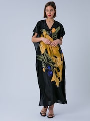 Religion Yellow Elina Maxi Kaftan Beach Cover-Up in Large Bold Pink Floral Print with Tie Waist - Image 5 of 6