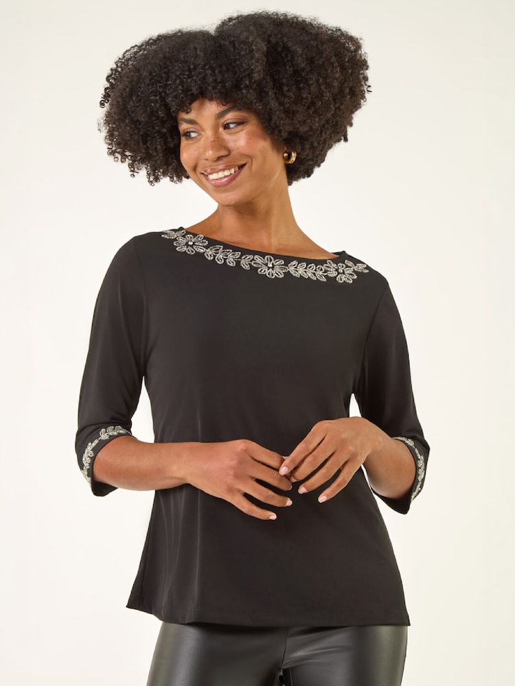 Roman Black Embellished Stretch Tunic Top - Image 1 of 4 Roman Black Embellished Stretch Tunic Top - Image 1 of 4