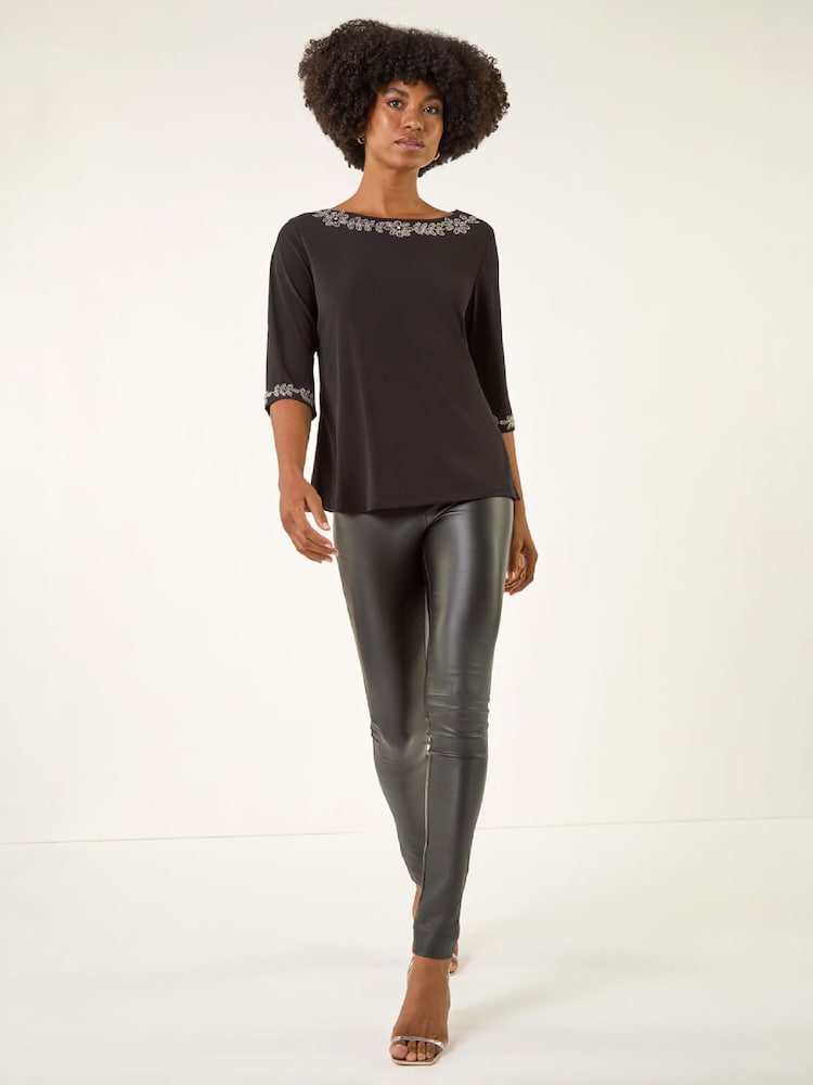 Roman Black Embellished Stretch Tunic Top - Image 2 of 4 Roman Black Embellished Stretch Tunic Top - Image 2 of 4