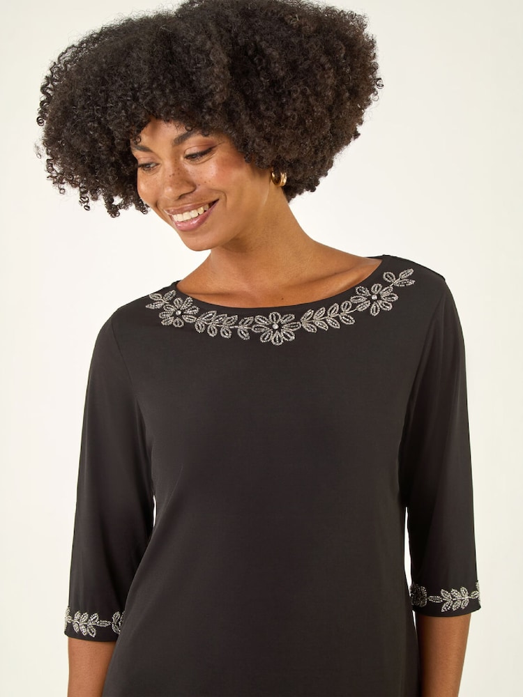 Roman Black Embellished Stretch Tunic Top - Image 4 of 4 Roman Black Embellished Stretch Tunic Top - Image 4 of 4