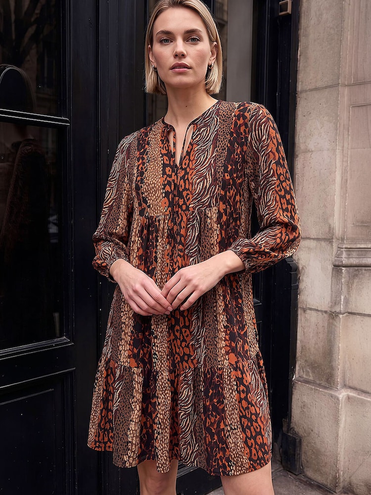 Roman Brown Abstract Print Smock Stretch Dress - Image 1 of 4 Roman Brown Abstract Print Smock Stretch Dress - Image 1 of 4