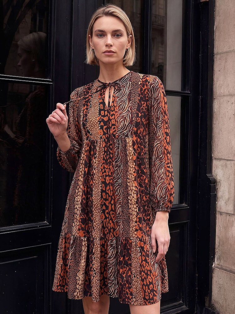 Roman Brown Abstract Print Smock Stretch Dress - Image 2 of 4 Roman Brown Abstract Print Smock Stretch Dress - Image 2 of 4