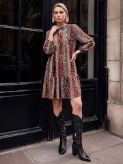 Roman Brown Abstract Print Smock Stretch Dress - Image 3 of 4