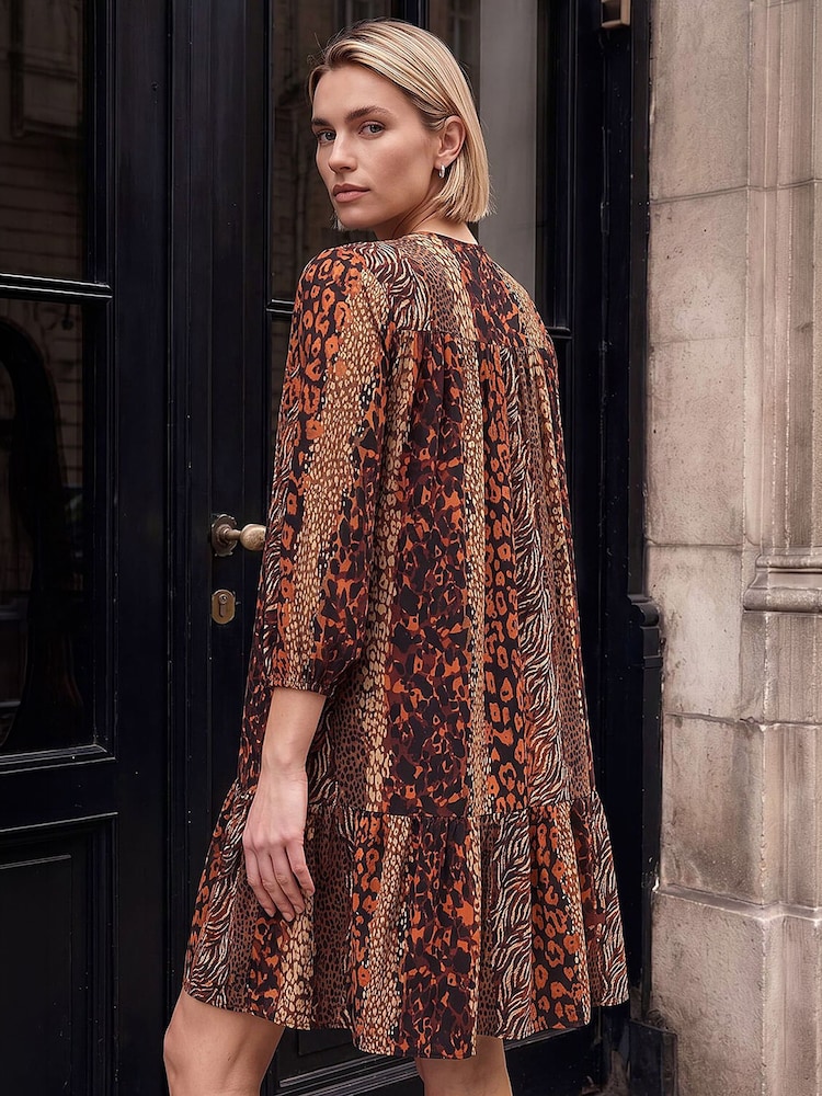 Roman Brown Abstract Print Smock Stretch Dress - Image 4 of 4 Roman Brown Abstract Print Smock Stretch Dress - Image 4 of 4