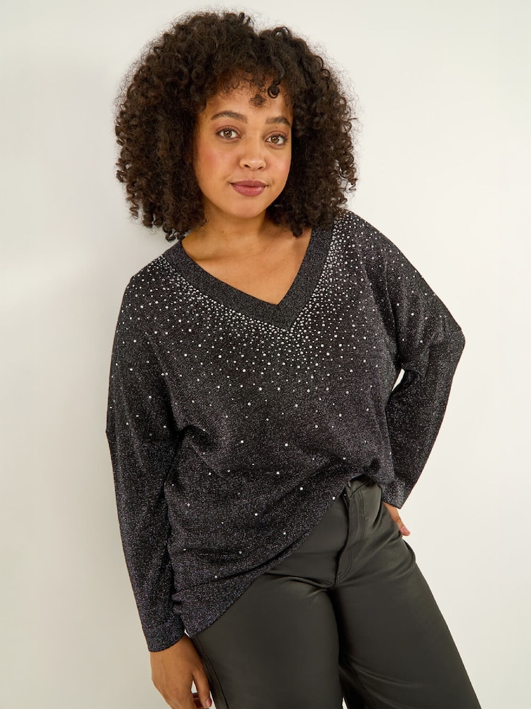 Roman Black Curve Hotfix Knit Top - Image 1 of 4 Roman Black Curve Hotfix Knit Top - Image 1 of 4
