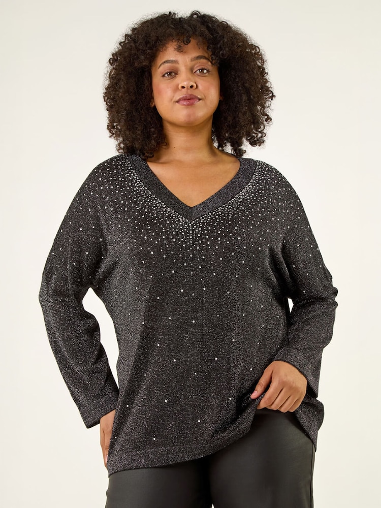 Roman Black Curve Hotfix Knit Top - Image 2 of 4 Roman Black Curve Hotfix Knit Top - Image 2 of 4