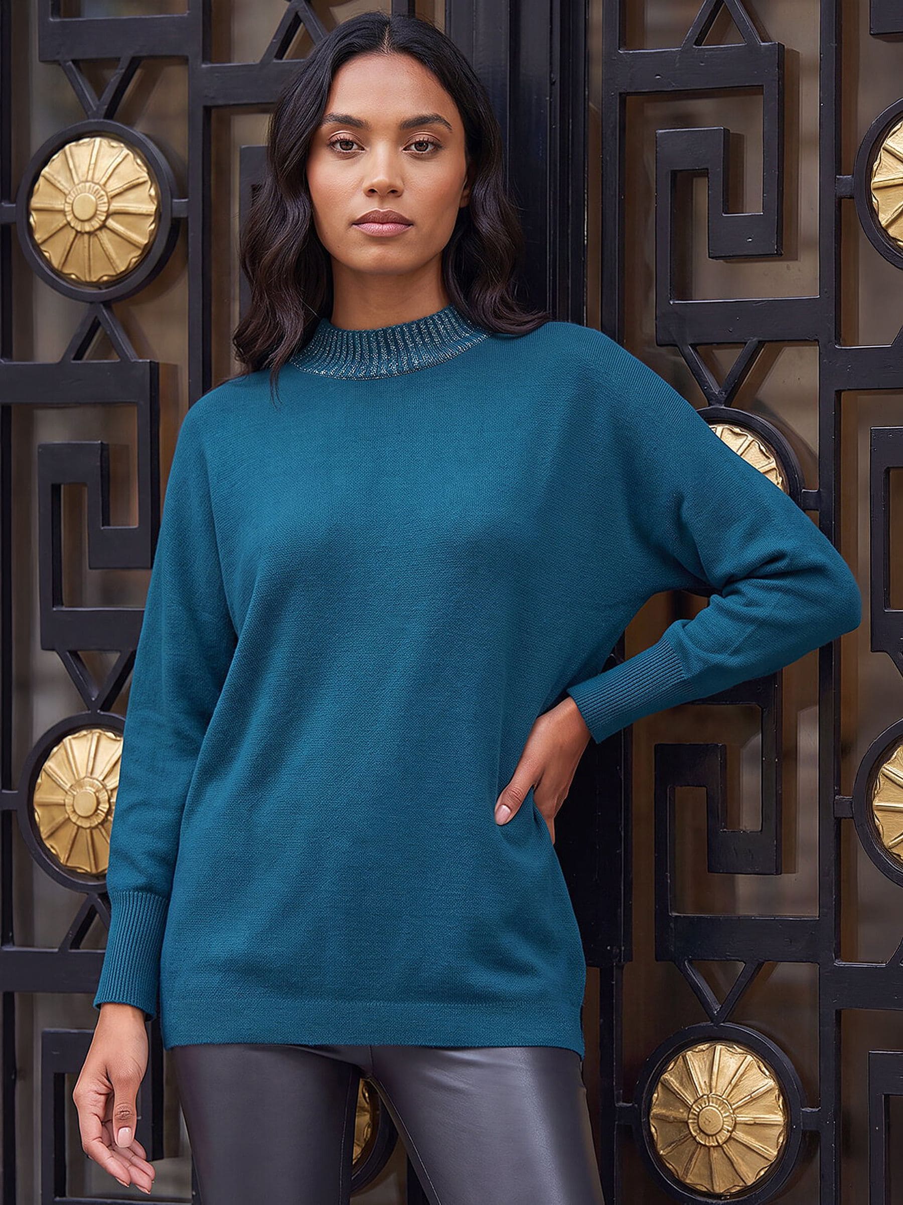 Roman Women's Blue Metallic Tie Front Knitted Jumper - Image 3