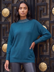 Roman Blue Metallic Tie Front Knitted Jumper - Image 1 of 4