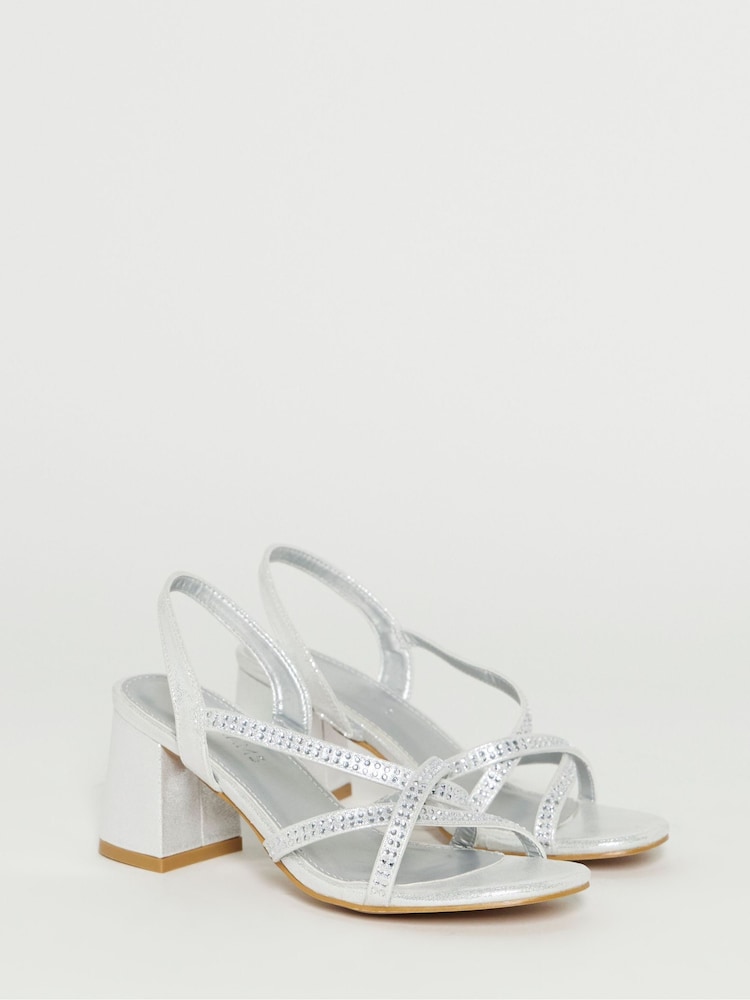 JD Williams Silver Wide Fit Diamante Strap Block Heels - Image 2 of 4 JD Williams Silver Wide Fit Diamante Strap Block Heels - Image 2 of 4