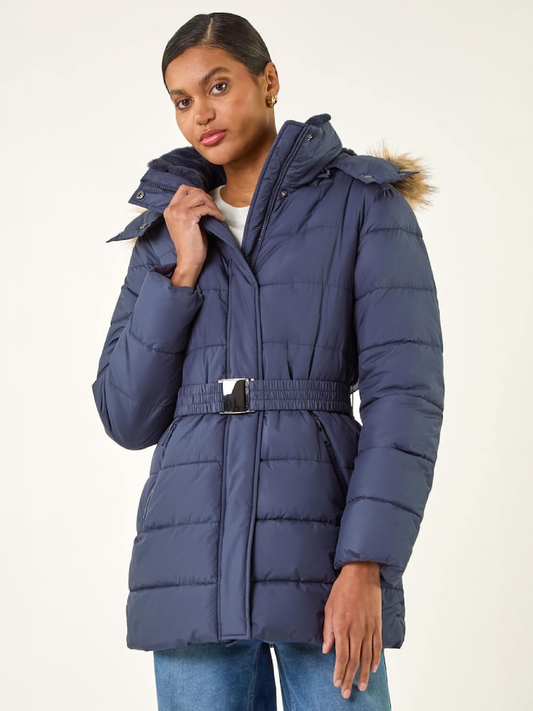 Roman Blue Faux Fur Padded Belt Coat - Image 1 of 4