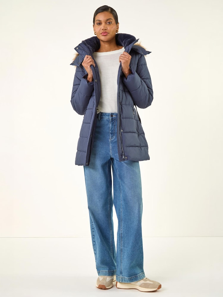 Roman Blue Faux Fur Padded Belt Coat - Image 2 of 4