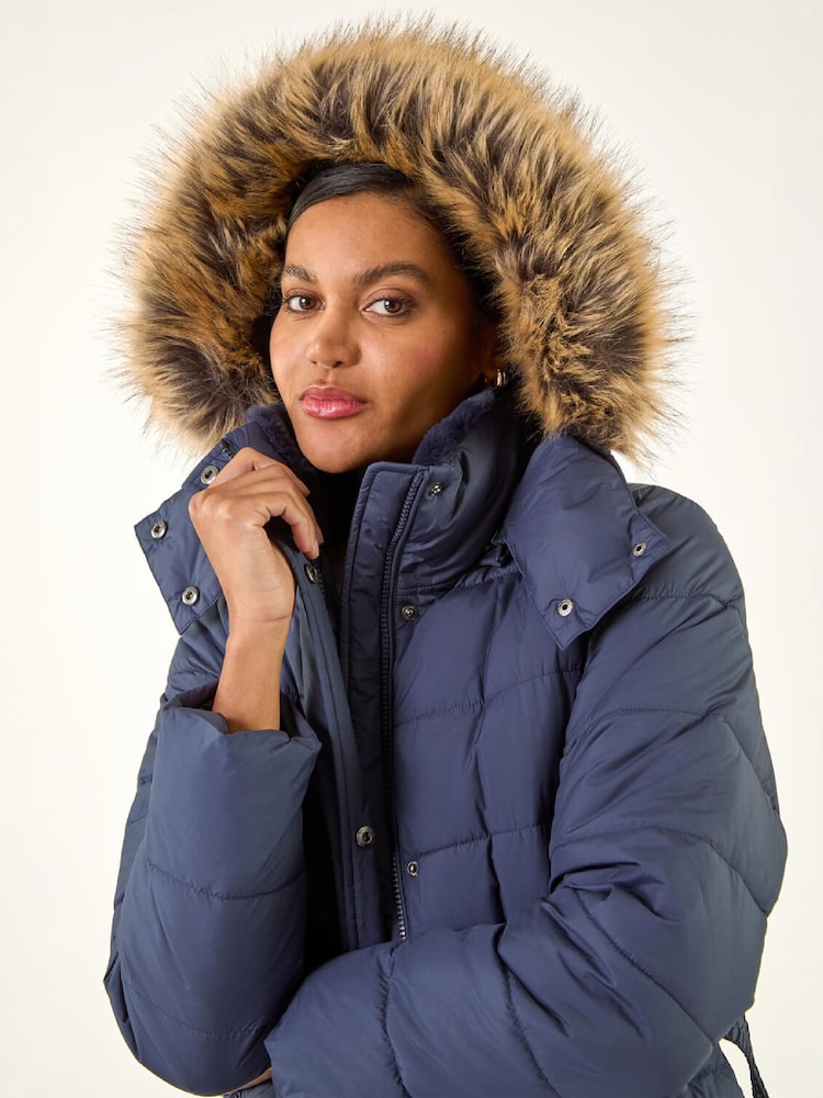 Roman Blue Faux Fur Padded Belt Coat - Image 4 of 4