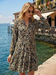 Roman Green Floral Print Button Stretch Dress - Image 2 of 4