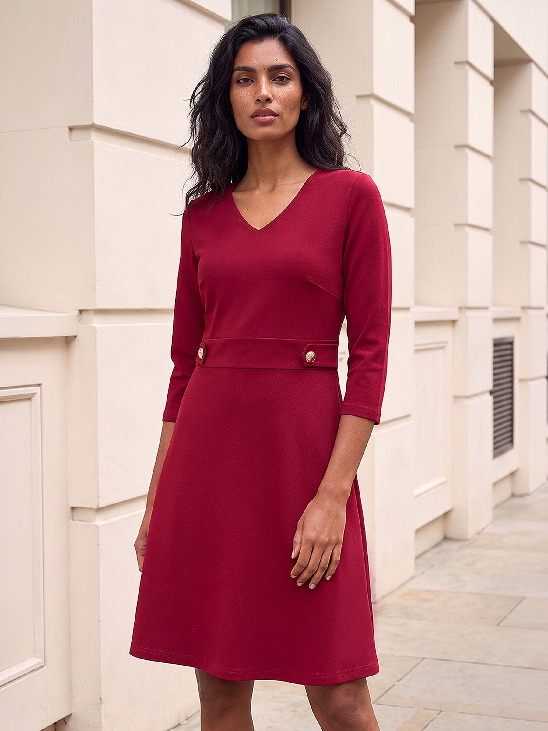 Roman Originals V-Neck Buttoned Stretch Dress for Women UK - Ladies Everyday Autumn Winter V-Neckline Comfy Soft Evening Vacation Work Party Night Out - Image 3