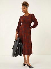Roman Red Speckled A-Line Stretch Midi Dress - Image 1 of 4