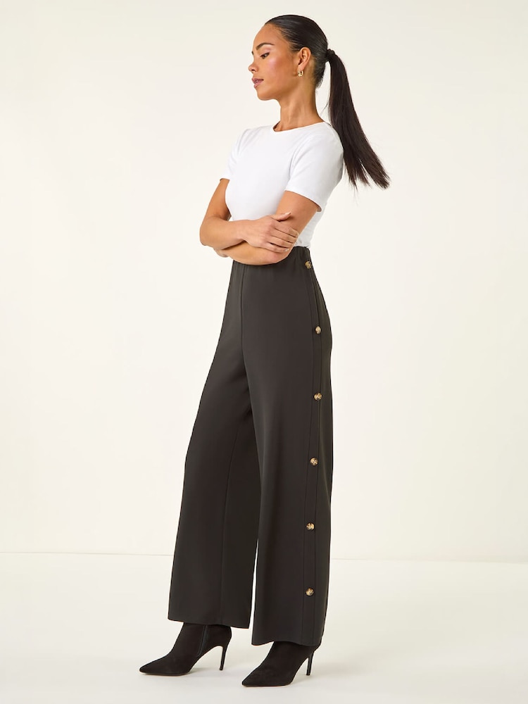 Roman Black Petite Button Detail Stretch Trousers - Image 2 of 4 Roman Black Petite Button Detail Stretch Trousers - Image 2 of 4