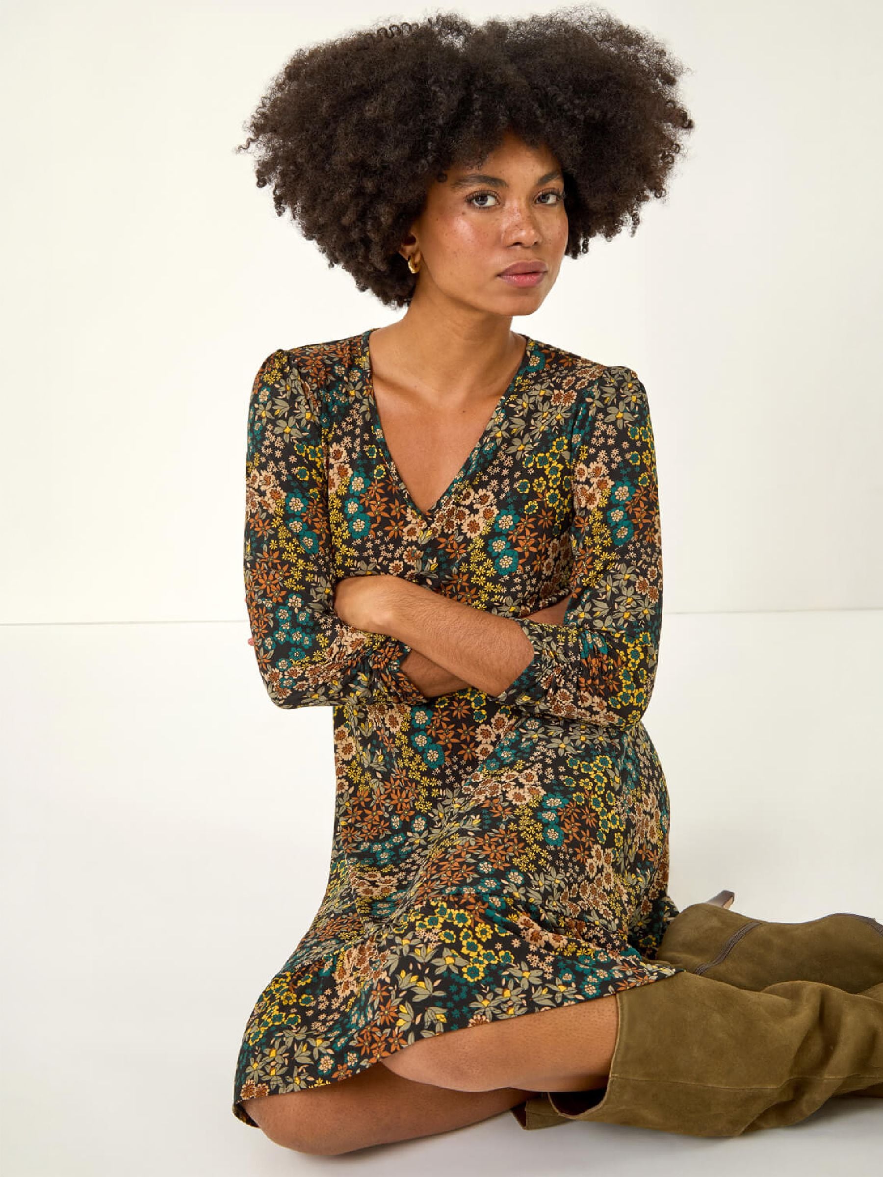 Roman Women's Floral Print V-Neck Stretch Dress in Teal | Size: 20 - Image 4