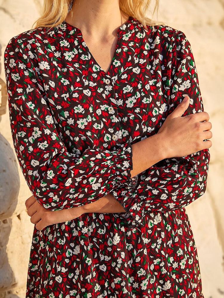 Roman Red Floral Print Buttoned Dress - Image 4 of 4