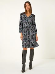 Roman Black Floral Print Lace Trim Dress - Image 1 of 4