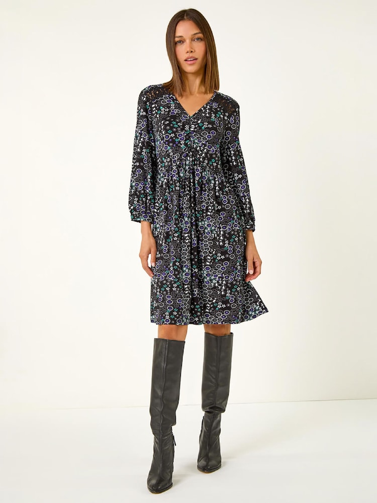 Roman Black Floral Print Lace Trim Dress - Image 1 of 4