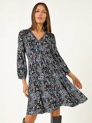 Roman Black Floral Print Lace Trim Dress - Image 2 of 4