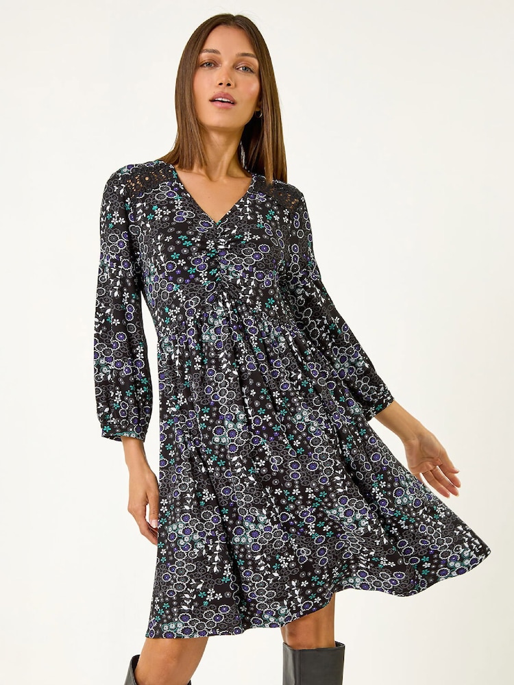 Roman Black Floral Print Lace Trim Dress - Image 2 of 4