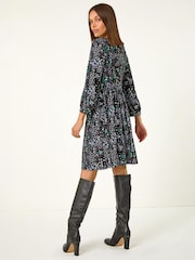 Roman Black Floral Print Lace Trim Dress - Image 3 of 4