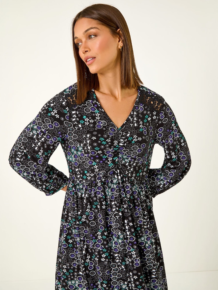 Roman Black Floral Print Lace Trim Dress - Image 4 of 4