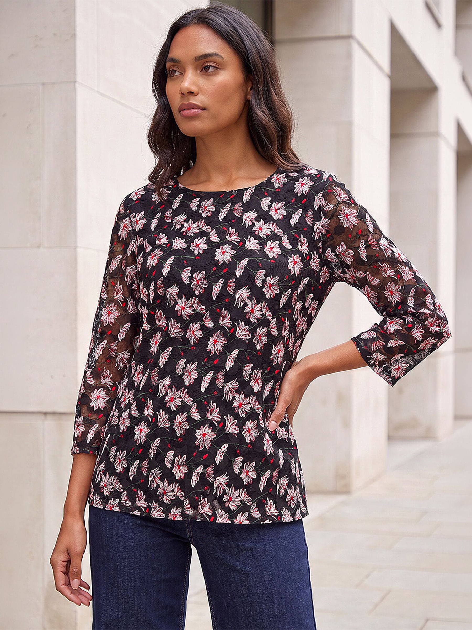 Roman Women's Black Floral Print Stretch Top - Image 1