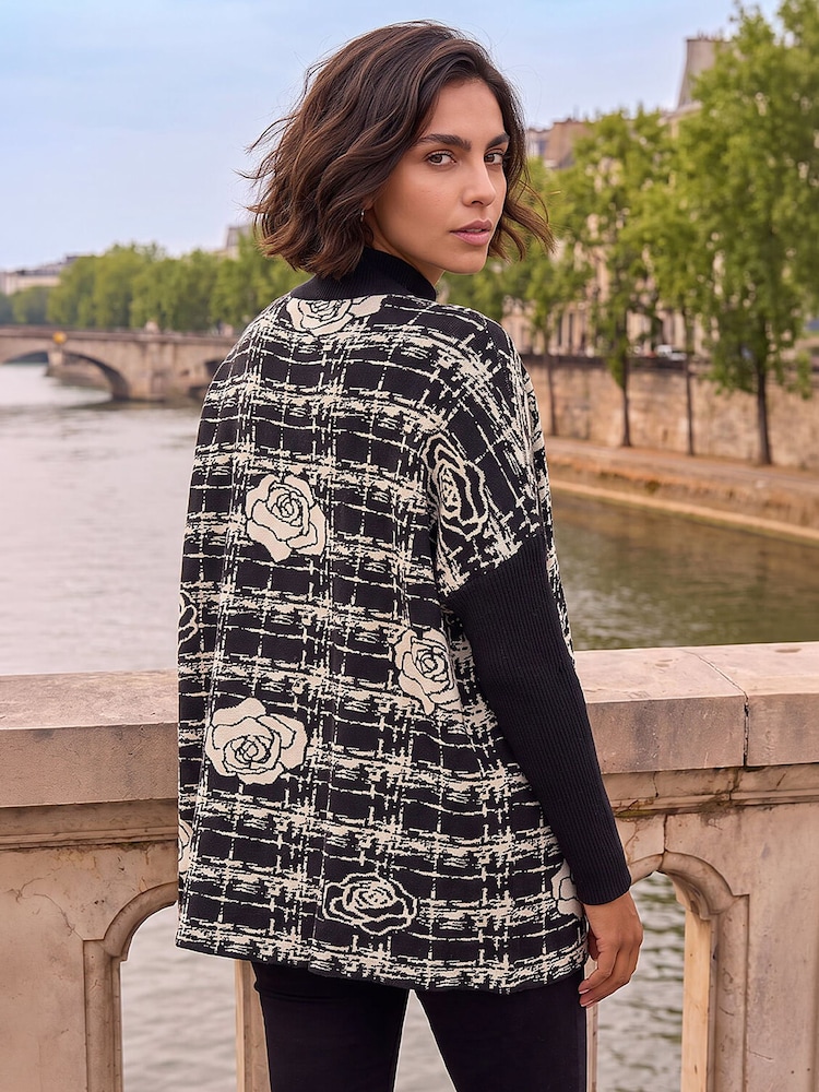 Roman Black Plaid Rose Detail Knit Jumper - Image 3 of 3 Roman Black Plaid Rose Detail Knit Jumper - Image 3 of 3