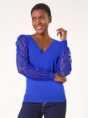 Roman Blue Polka Dot V-Neck Sleeve Knit Jumper - Image 2 of 4