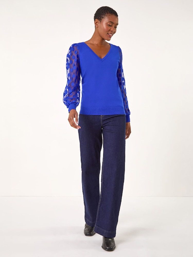 Roman Blue Polka Dot V-Neck Sleeve Knit Jumper - Image 4 of 4 Roman Blue Polka Dot V-Neck Sleeve Knit Jumper - Image 4 of 4