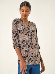Roman Natural Paisley Print V-Neck Stretch Top - Image 1 of 4