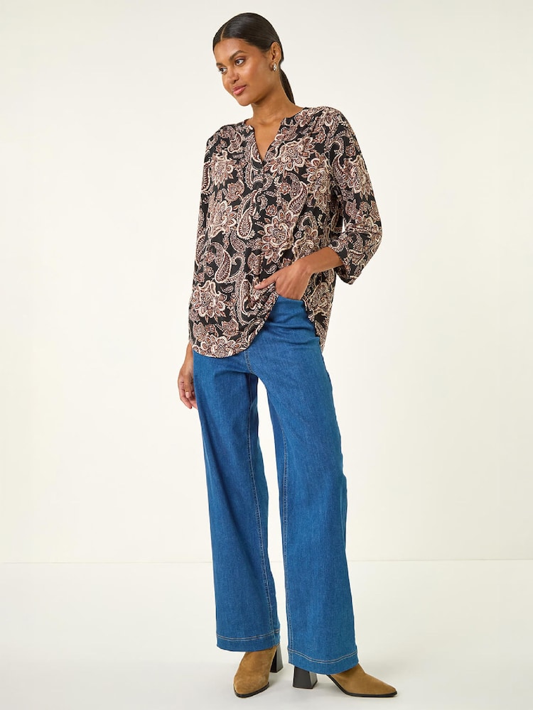 Roman Natural Paisley Print V-Neck Stretch Top - Image 2 of 4