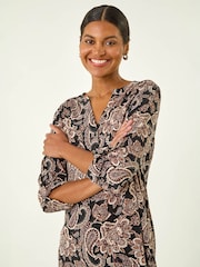 Roman Natural Paisley Print V-Neck Stretch Top - Image 4 of 4